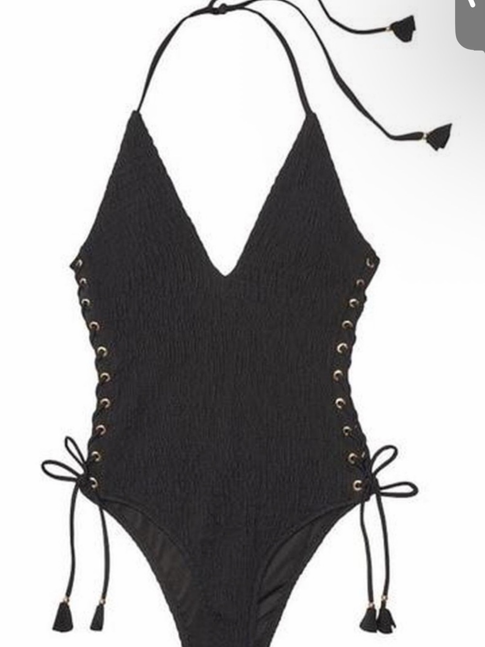 Vintage Victoria's Secret Smocked Black One-Piece Swimsuit with Side Lace-Up